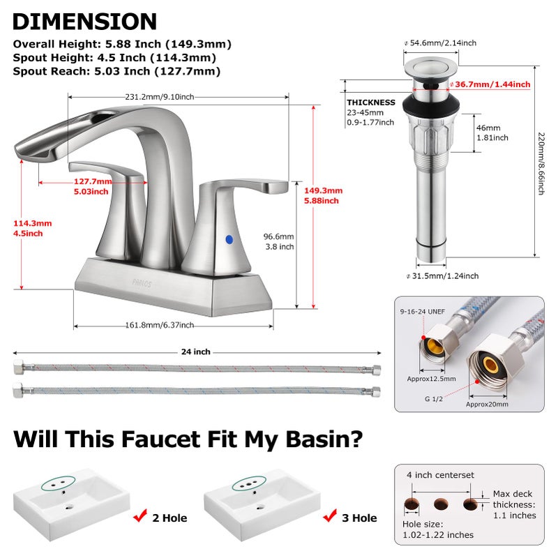 PARLOS 2 Handles Waterfall Bathroom Faucet with Pop-up Drain and Faucet Supply Lines, Brushed Nickel, Doris 14068 - Image 5